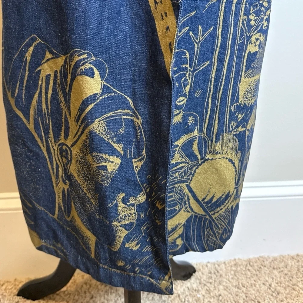Molato African Denim Coat Jacket Duster Small Vintage 90s Gold Print
